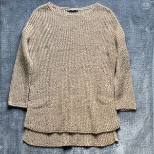 Zara Knit Sweater Sz M Cozy Wool Blend High Low Hem 3/4 Sleeves Crew Neck Soft
